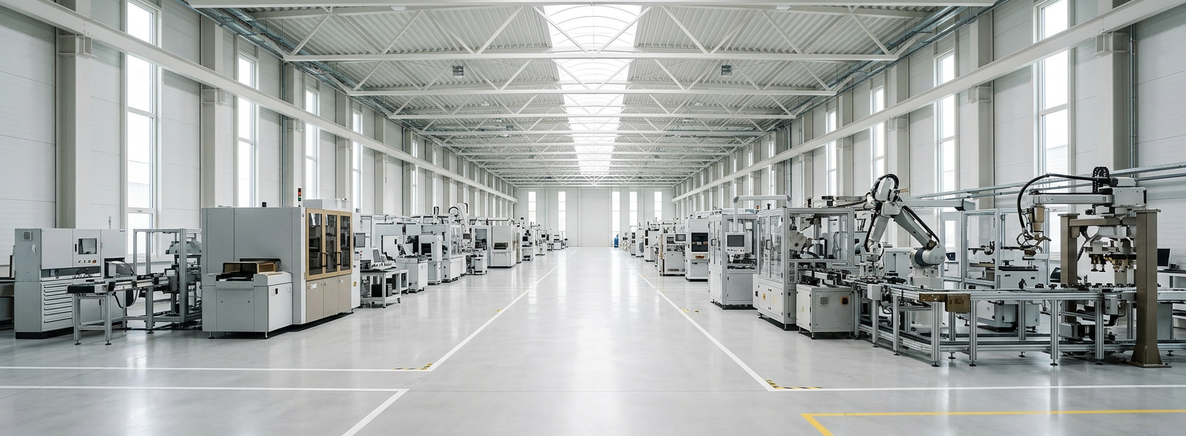 Interior of a bright, modern European civilian production line with automated manufacturing equipment and no people.