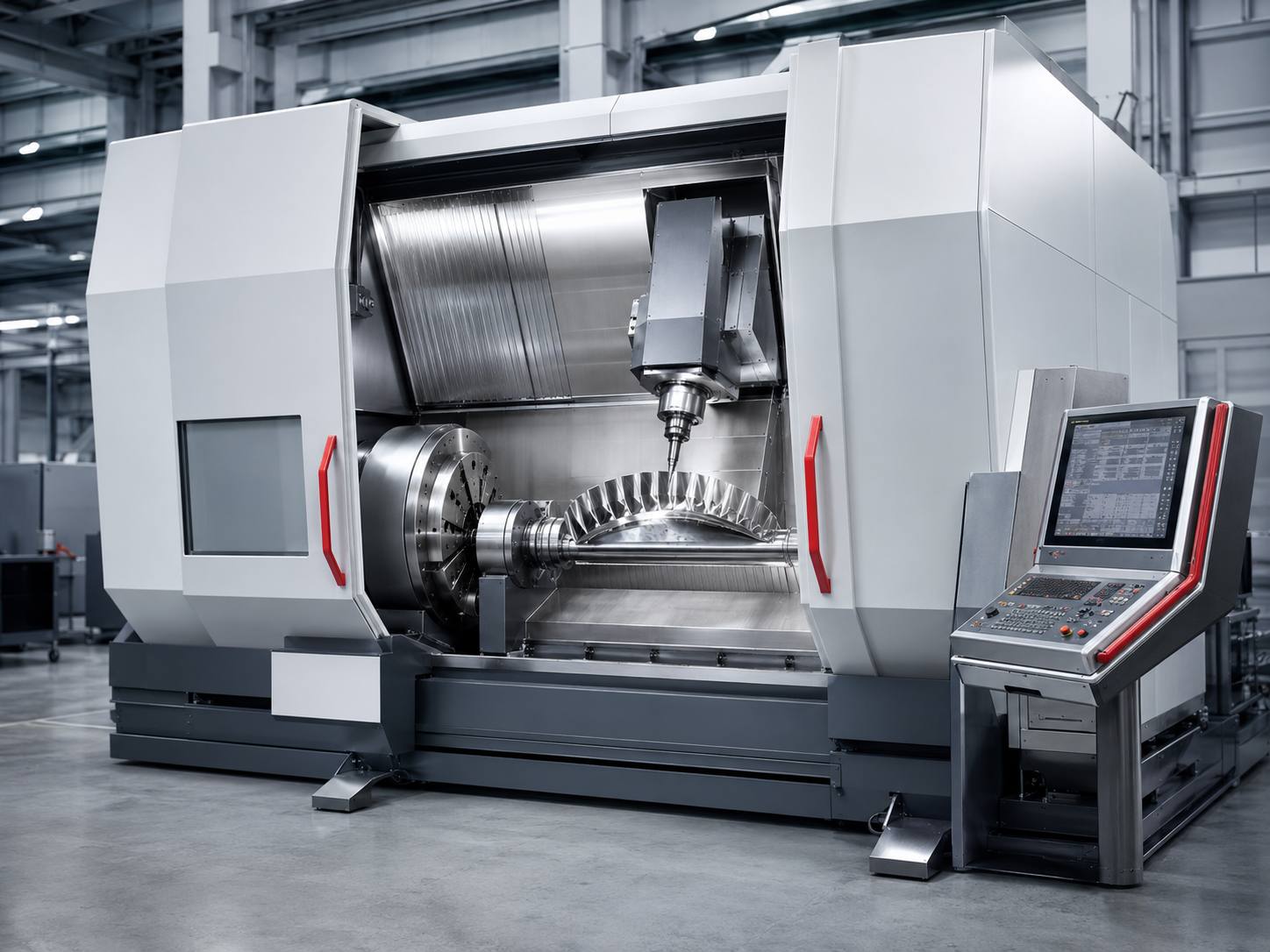 Interior of a bright, modern European precision-engineering production hall with advanced industrial equipment.